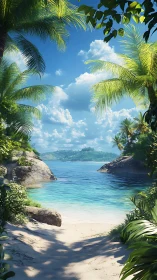 Tropical Cove Framed by Palm Canopy and Crystalline Waters.