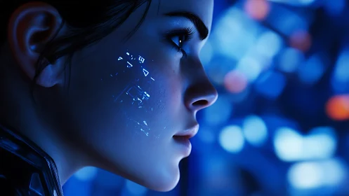 Neon-coded gaze of a cybernetic dreamer in midnight blue.