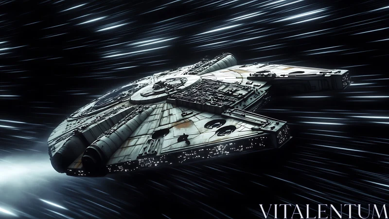 Detailed sci fi starship accelerates through deep space.