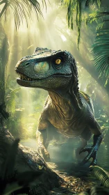 Golden-eyed jungle raptor prowls through misted primeval dawn.