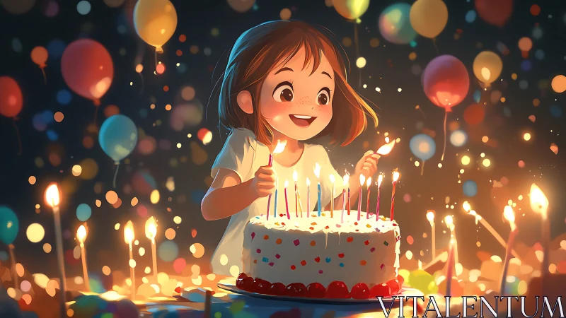 Young Girl Joyfully Lighting Birthday Cake Candles at Celebration.