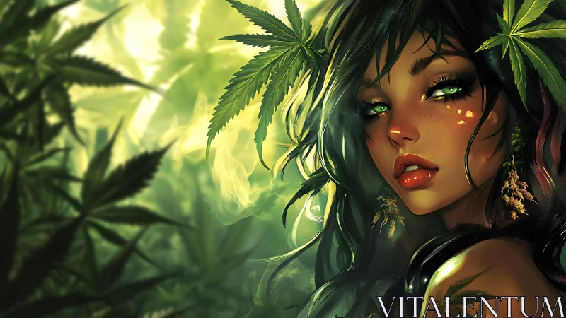 Green-eyed woman framed by cannabis leaves in stylized light