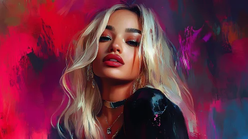 Blonde portrait in neon magenta brushstrokes and glossy light.