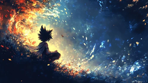 Meditative anime silhouette in swirling bicolor forest vortex