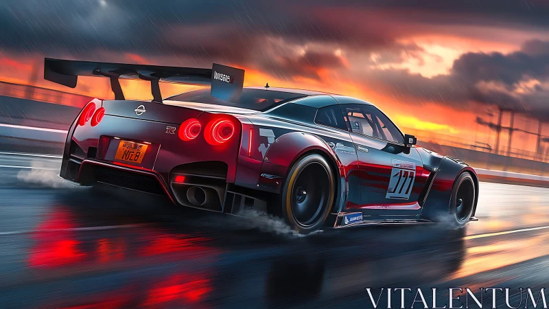 Racing GT sports car powers through wet track at sunset