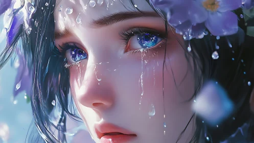 Close-up digital portrait of girl with water and flowers.