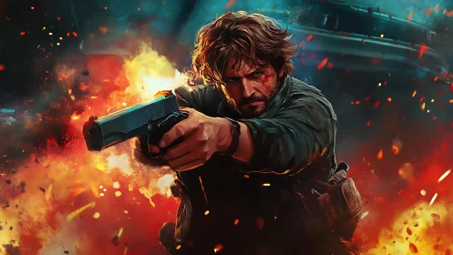 Battle-hardened gunman advances through blazing chaos.