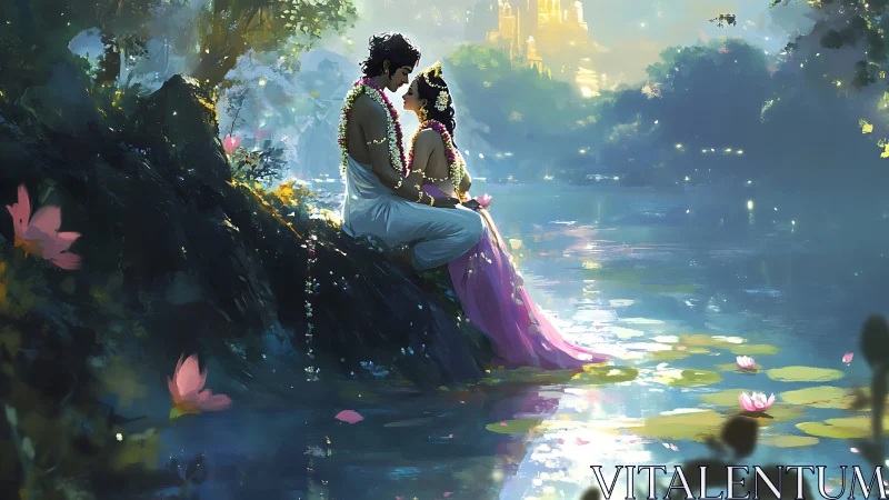 Romantic Couple by Luminescent Lotus Pond in Fantasy Landscape