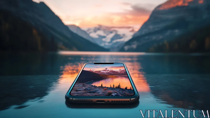 Smartphone mirroring alpine lake at vivid sunset reflection.