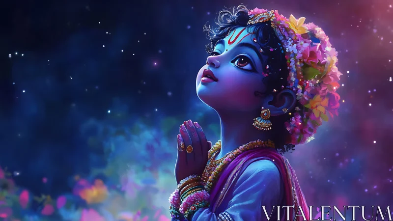 Child of starlight in prayerful, colorful midnight dream.