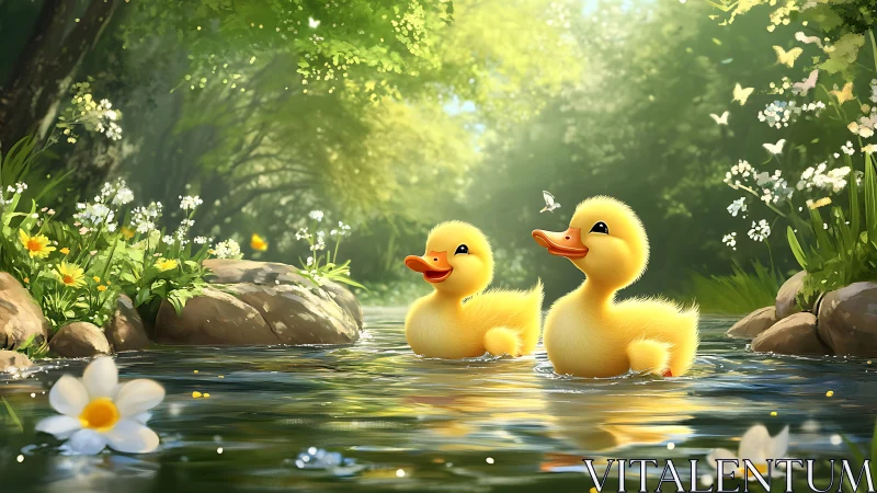 Digital painting of ducklings in sunlit woodland stream environment.