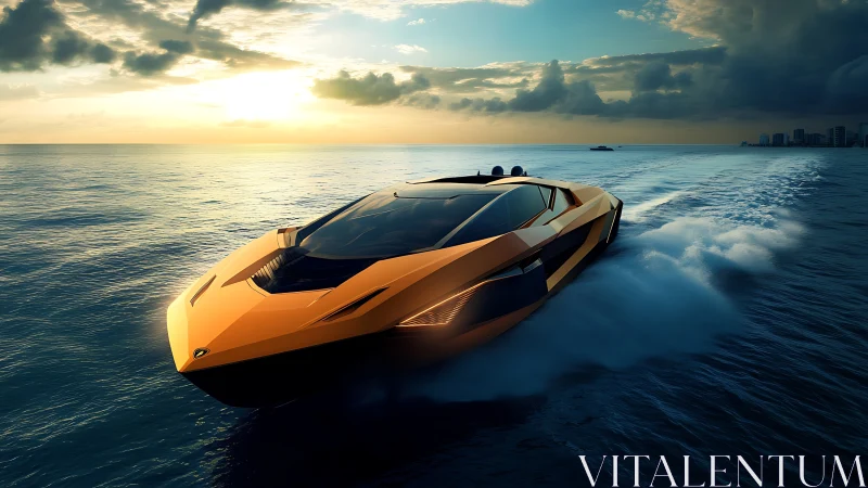 Sunlit hyper-speed powerboat slicing waves at dusk.