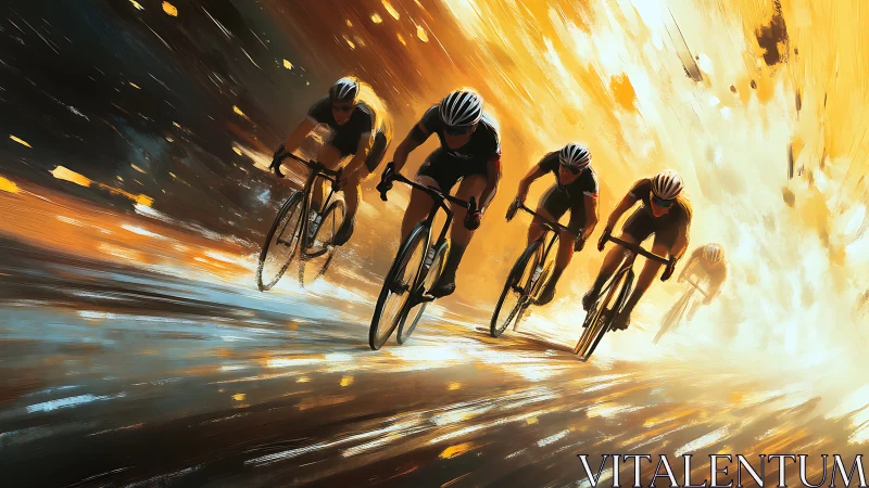 Racing cyclists surge forward through blazing golden light