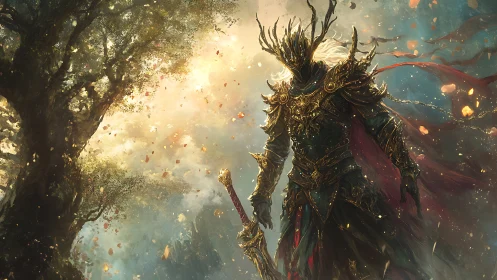 Antlered void knight in baroque armor amid luminous forest