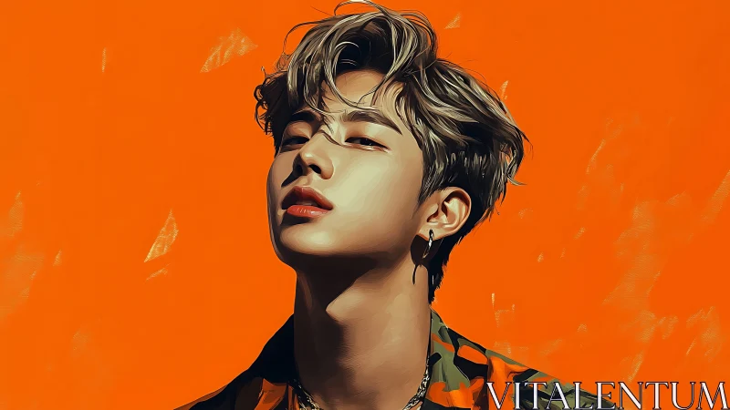 Stylized male portrait against vivid flat orange ground.