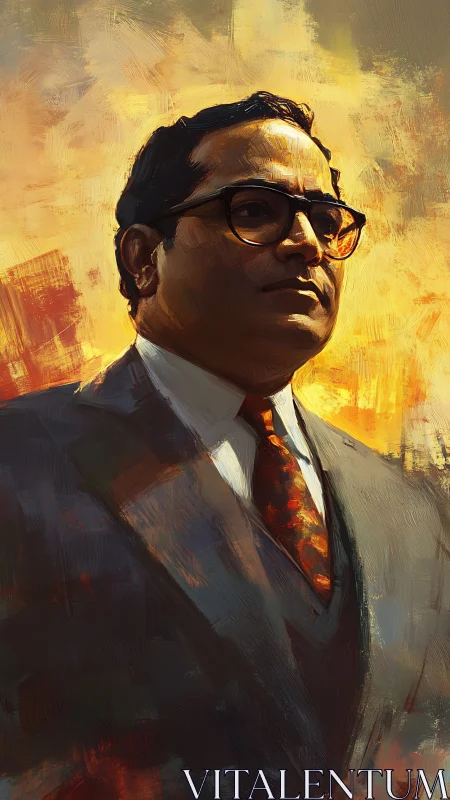 Brush-textured portrait of suited man against warm abstract sky