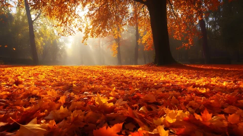 Autumn sunriver beneath a copper-canopy woodland floor.