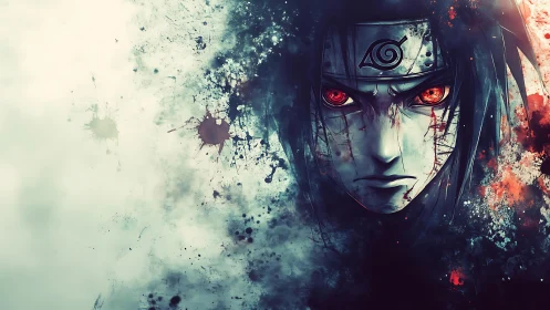 Anime character portrait with red eyes and splatter effects.