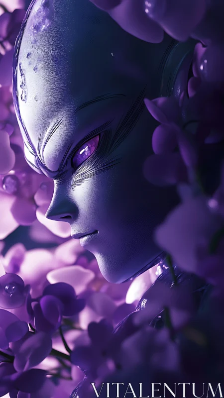 Alien android portrait amid dense violet blossoms.