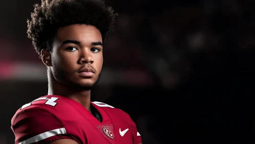Focused young football player in red jersey portrait.