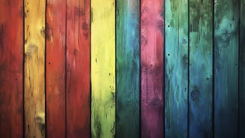 Weathered rainbow wooden planks display saturated grain.