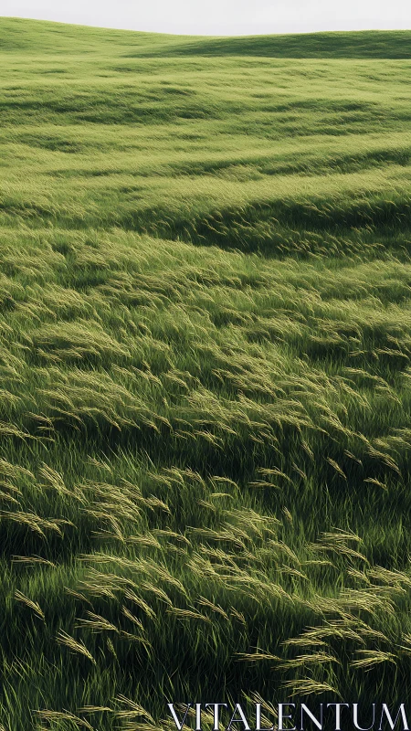 Wind-sculpted grass field with high-frequency directional texture gradients