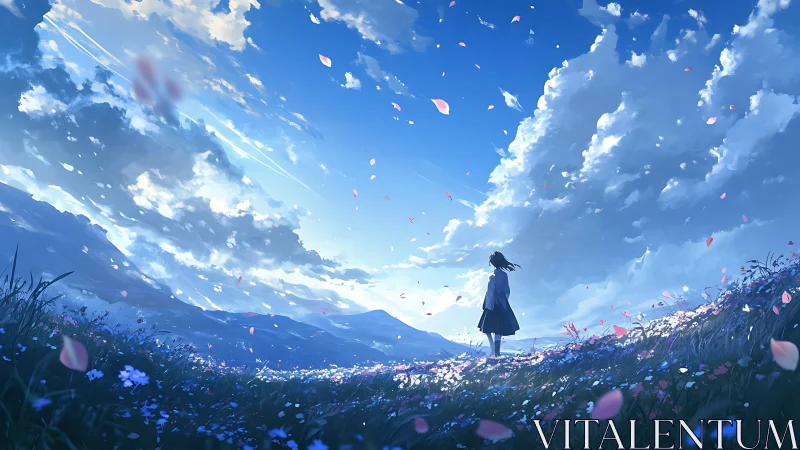 Girl in flowered meadow gazes into a luminous blue sky