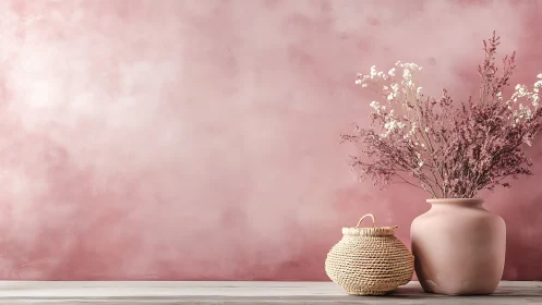 Matte pink ceramic vase and wicker basket against textured wall
