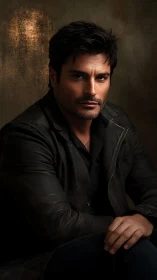 Moody male portrait in dark leather jacket studio pose.