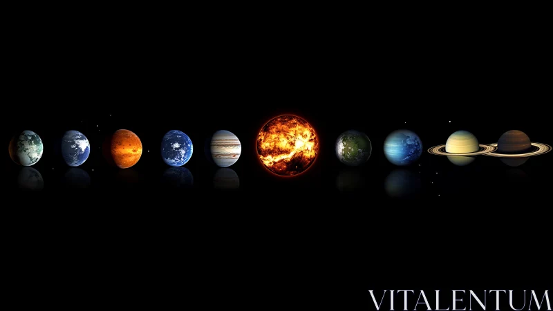 Solar system lineup with glowing sun and orbiting planets.