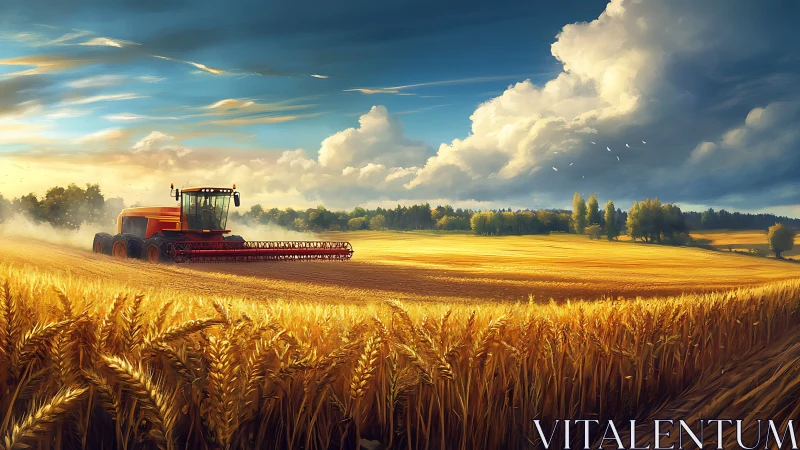 Golden wheat harvest under sweeping summer storm clouds.