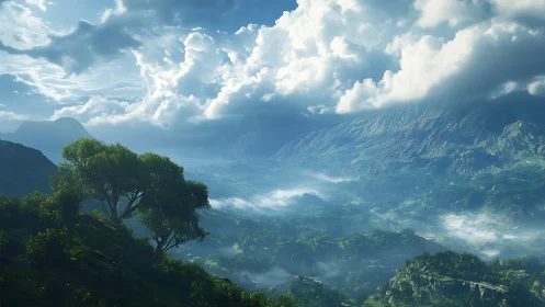 Mist-draped valley and sunlit hills beneath roaming clouds.