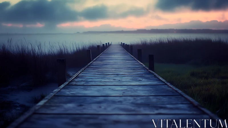 Weathered wooden pier recedes into misty coastal marsh