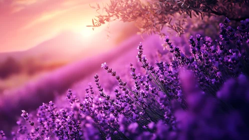 Purple lavender field under vivid pink sunset light glow.