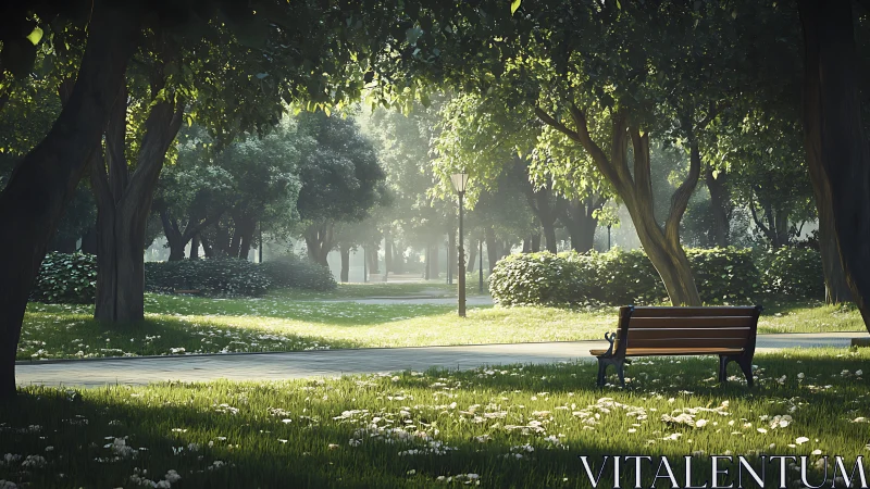 Sunlit park bench under glowing canopy of spring trees.