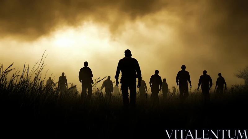 Silhouetted human figures walking through tall grass at dusk.