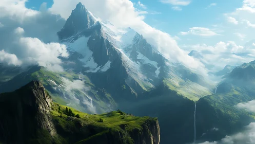 Sunlit cliffs and misty mountain peaks above green valleys.