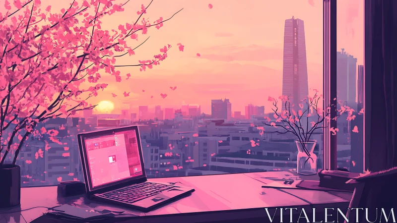 Soft sunset workspace over a cherry blossom city view.