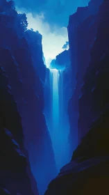 Tall blue waterfall plunging into deep rocky canyon.