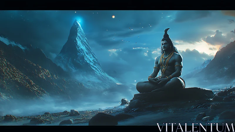 Seated deity figure is rendered before a misted alpine peak