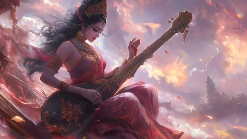 Celestial musician braids sunset clouds into shimmering song