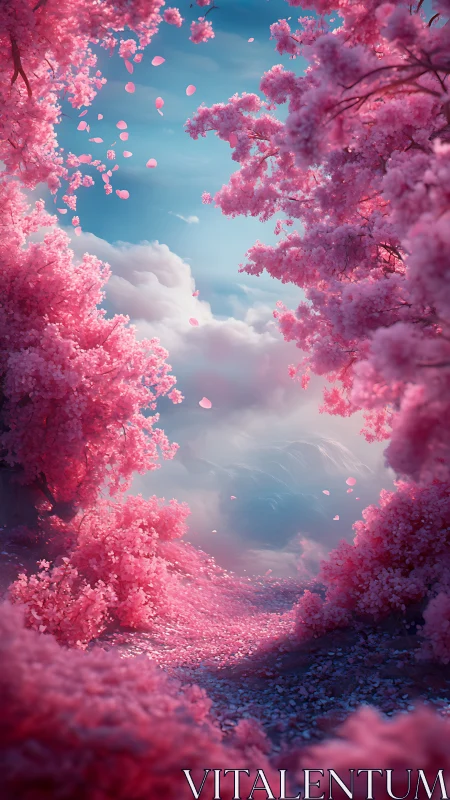 Petal-drift valley glows beneath dream-bright cherry clouds.