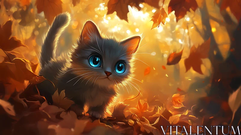 Feline Subject with Heterochromia-Like Cerulean Eyes Rendered in Luminous Autumn Environment