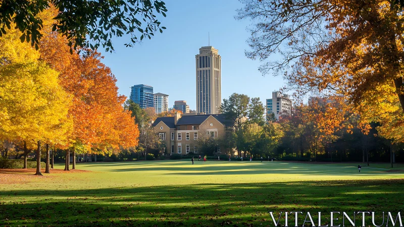 Autumn campus lawn framed by trees and city tower.