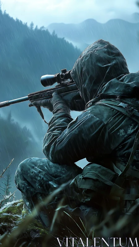 Camouflaged sniper steadies precision rifle in rainy alpine terrain