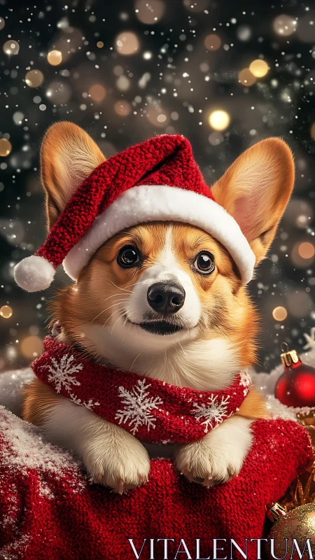 Corgi in red Santa attire posed against bokeh holiday light field