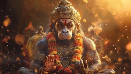 Divine monkey deity sits in radiant golden ceremonial light