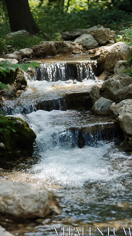 Sunlit woodland stream cascades over layered mossy rocks