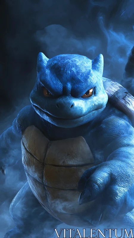 Blastoise style blue turtle creature in smoky blue light.