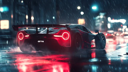 Futuristic GTR supercar on neon city street in rain.